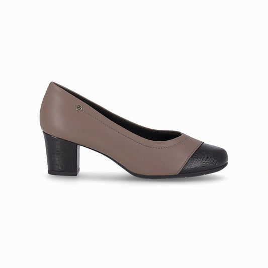 Zapatilla tacón medio cuadrado de 5 cm y color bicolor café negro en puntera para mujer, suela adherente y plantilla anatómica