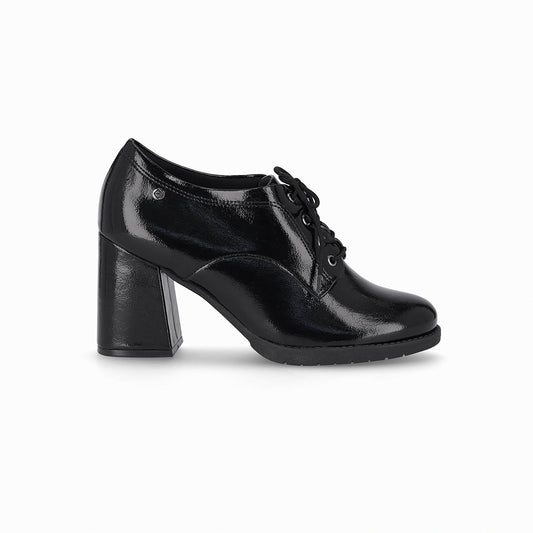 Zapato negro estilo cuadrado de tacón alto 7.5 cm, con agujetas y tacón ancho para mujer